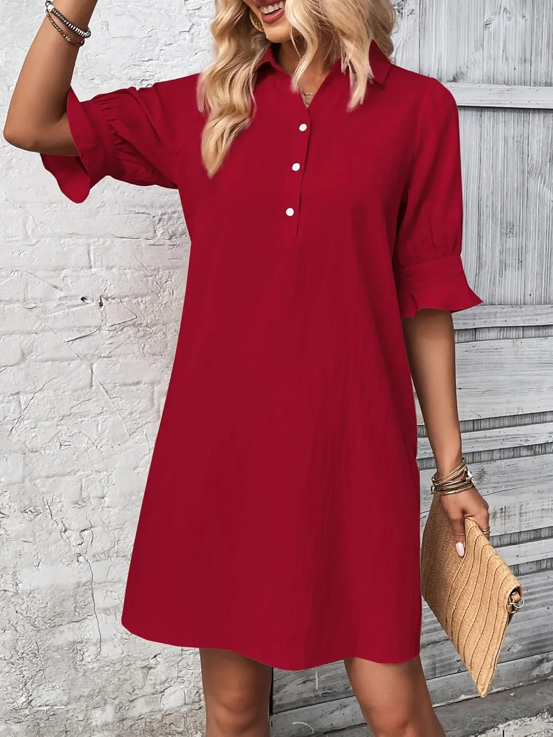 Women's Solid Ruffle Sleeve Button Down Shirt Dress