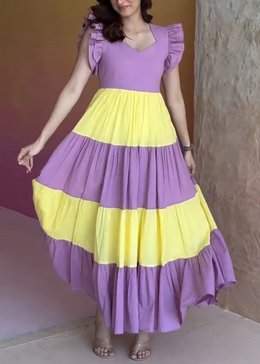 Color-blocked princess dress with ruffled sleeves