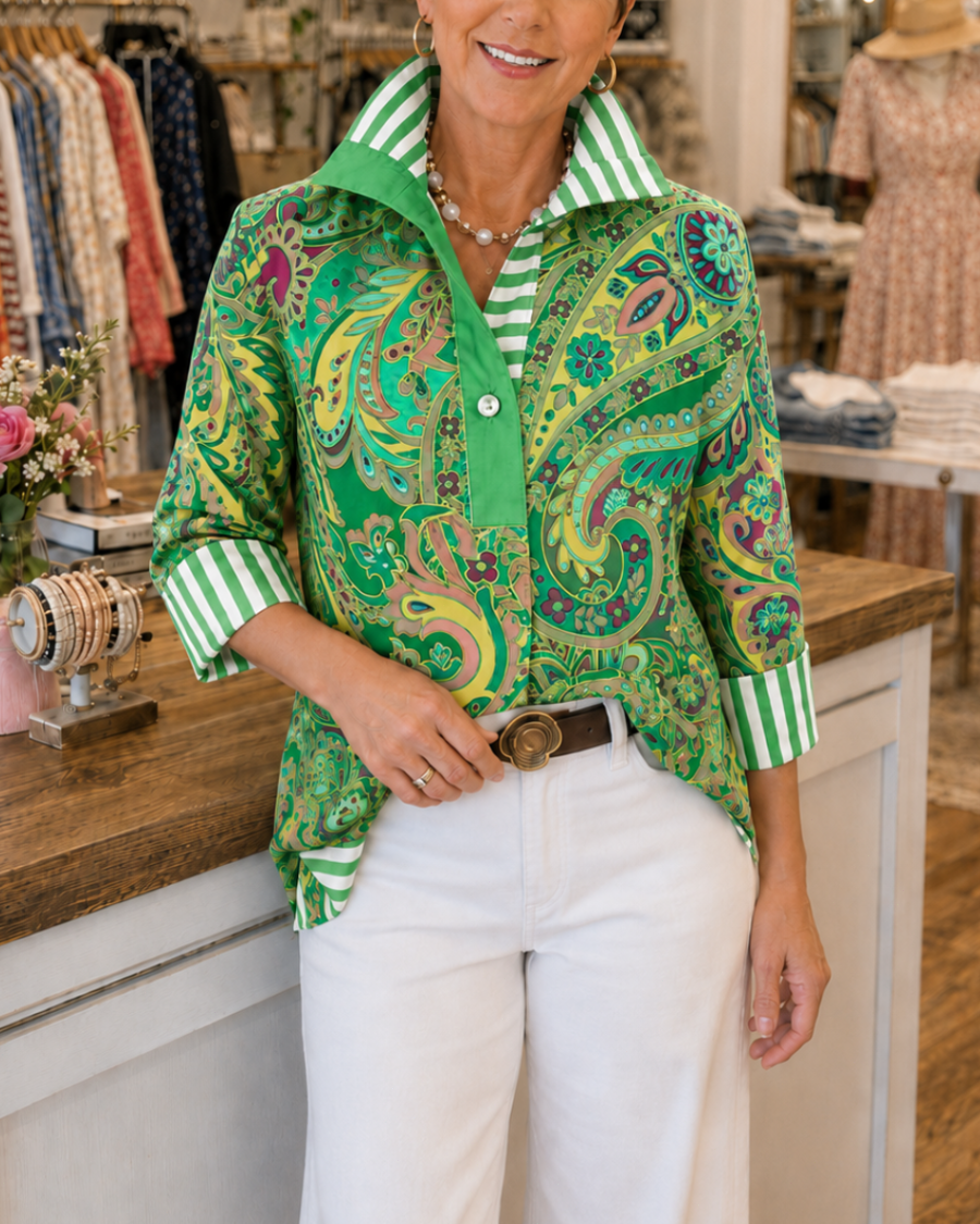 Fuchsia Paisley Popover Blouse with Striped Accents