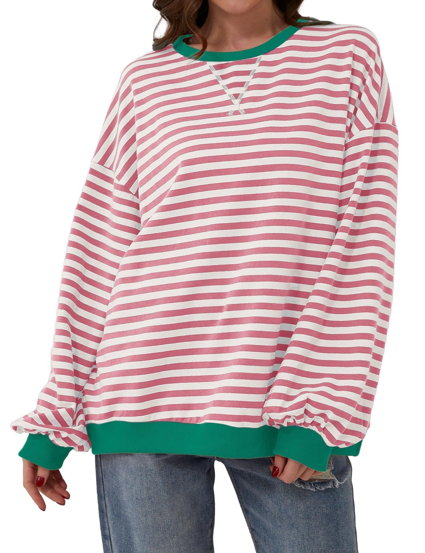 Striped round neck loose long-sleeved sweatshirt