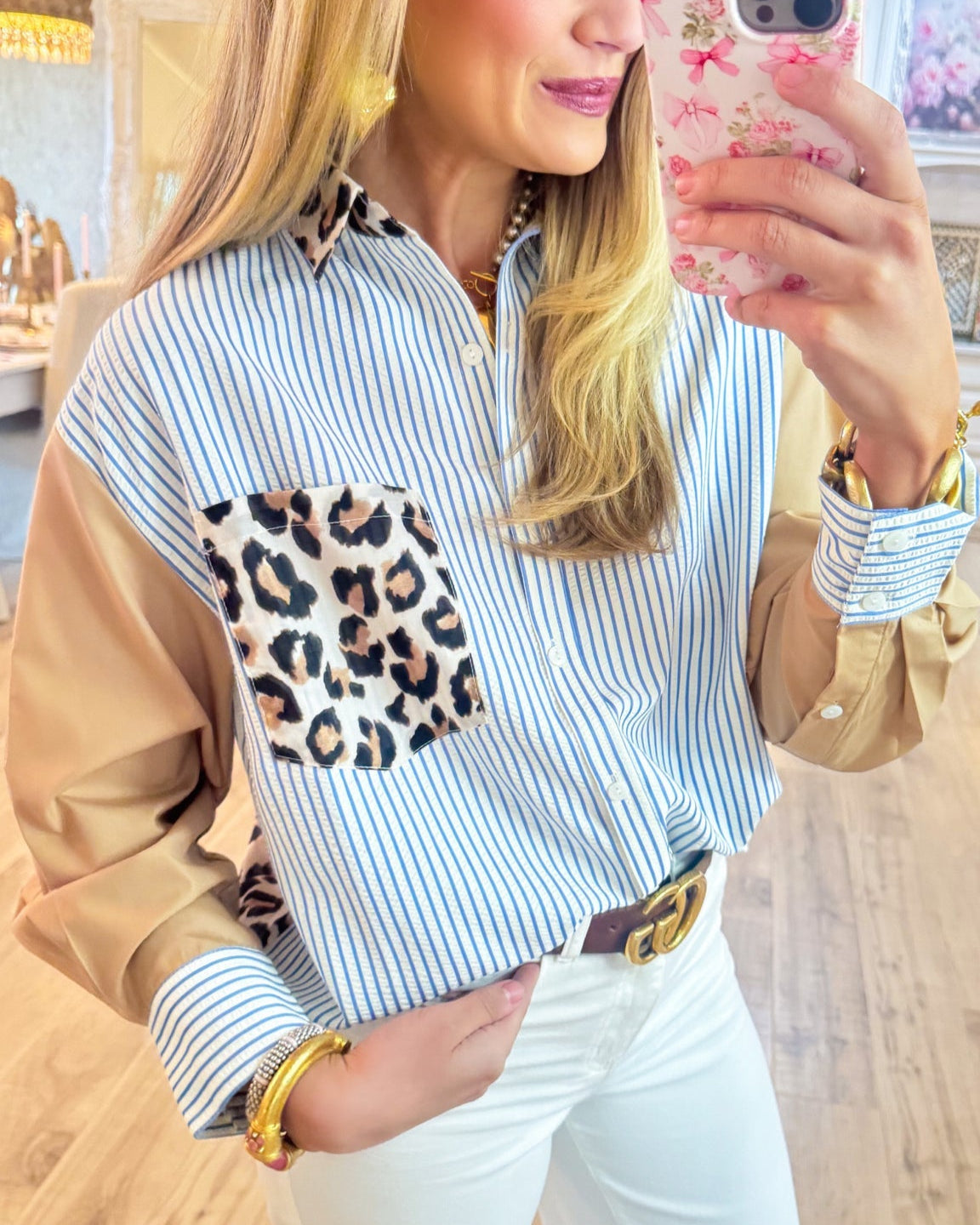 Blue Stripe Leopard Mix Print Top