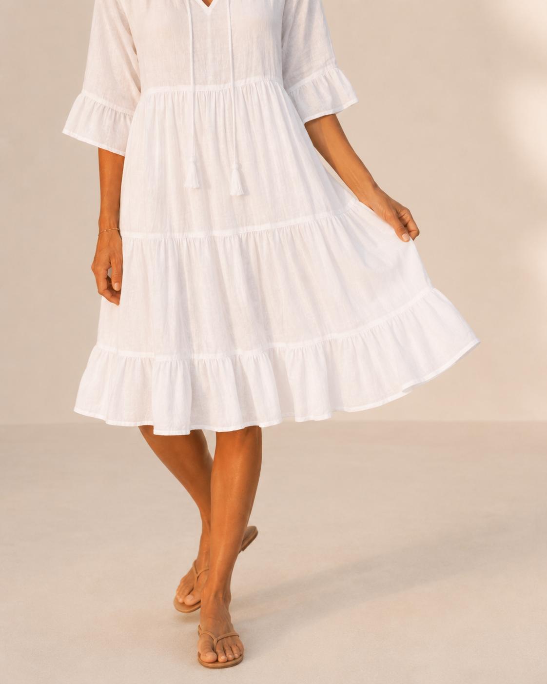 Breezy White V-Neck Tiered Dress