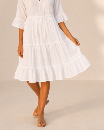 Breezy White V-Neck Tiered Dress
