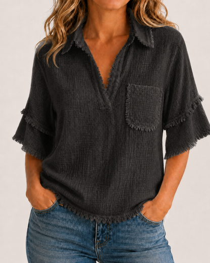 Breezy Raw-Edge Tassel Resort Blouse