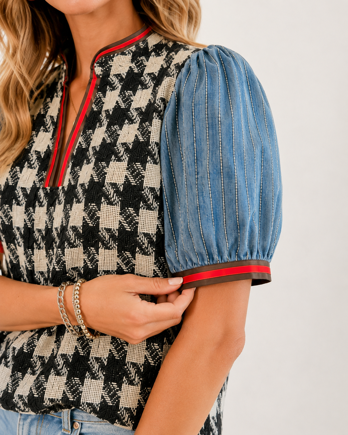 Mixed-Texture Houndstooth &amp; Washed Denim Puff-Sleeve Top