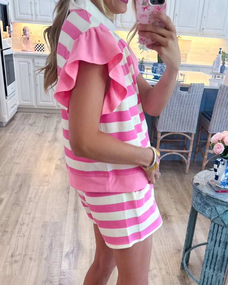 V-neck striped shorts set