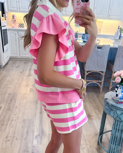 V-neck striped shorts set