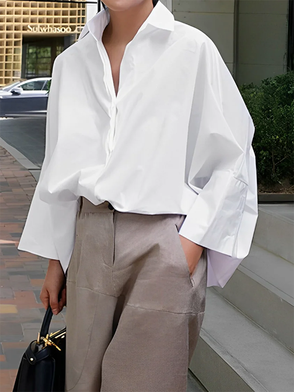 Long-sleeved loose solid color lapel shirt