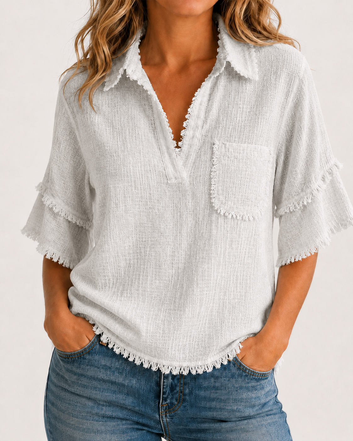 Breezy Raw-Edge Tassel Resort Blouse
