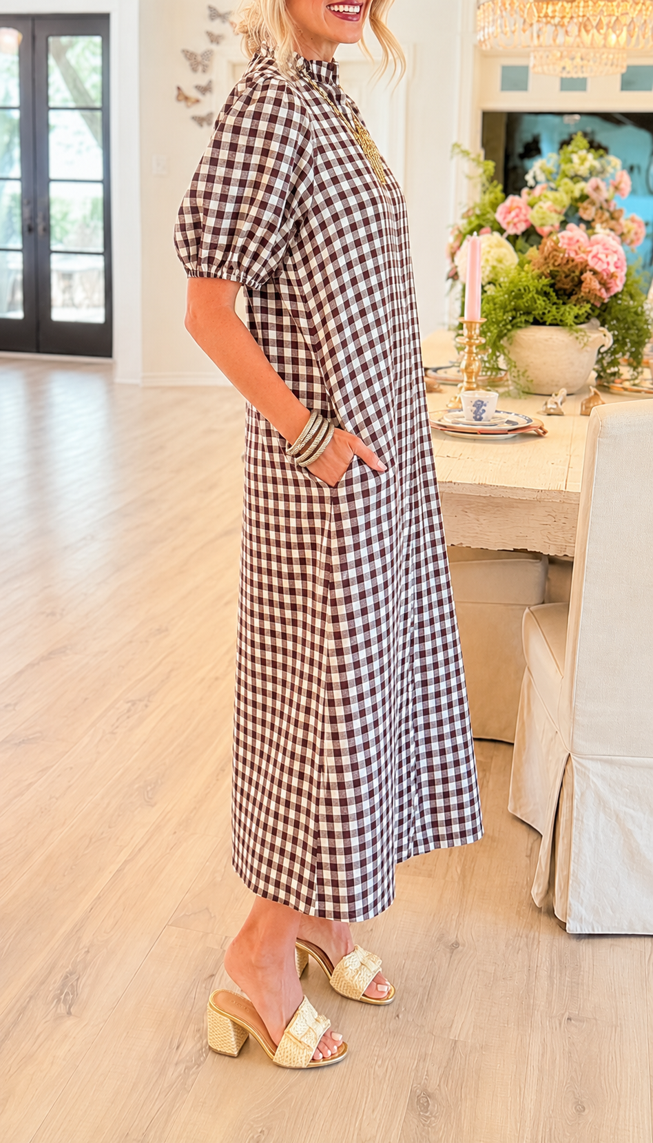 Vintage Gingham Puff Sleeve Maxi Dress