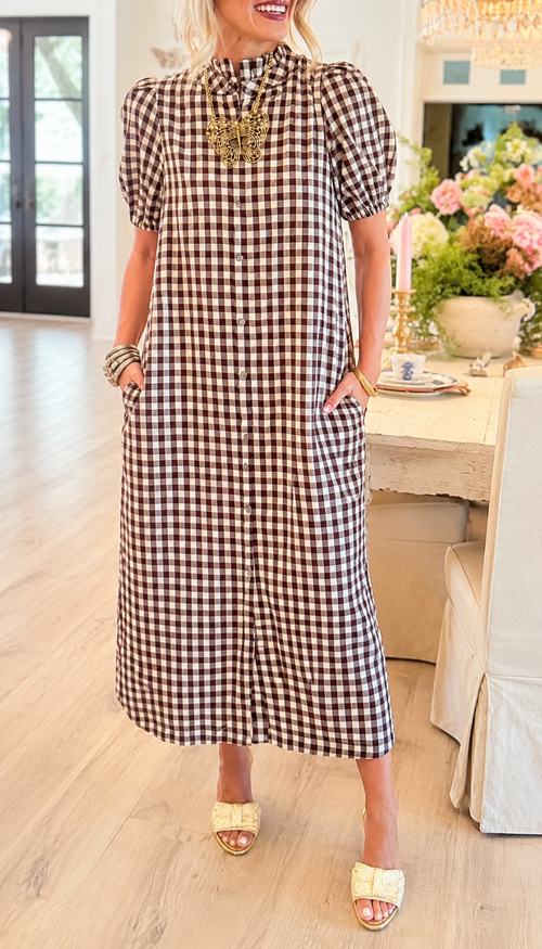 Vintage Gingham Puff Sleeve Maxi Dress
