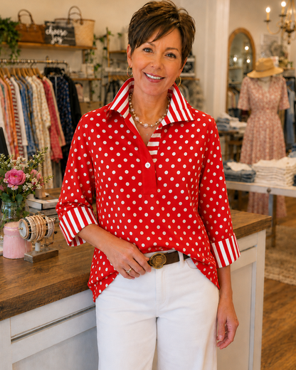 Classic Polka Dot Boutique Blouse with Contrast Trim