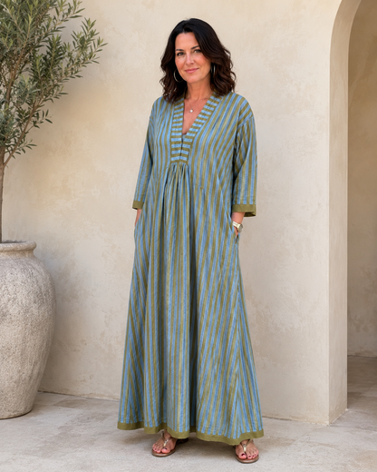 Solara Contrast-Stripe V-Neck Maxi Dress