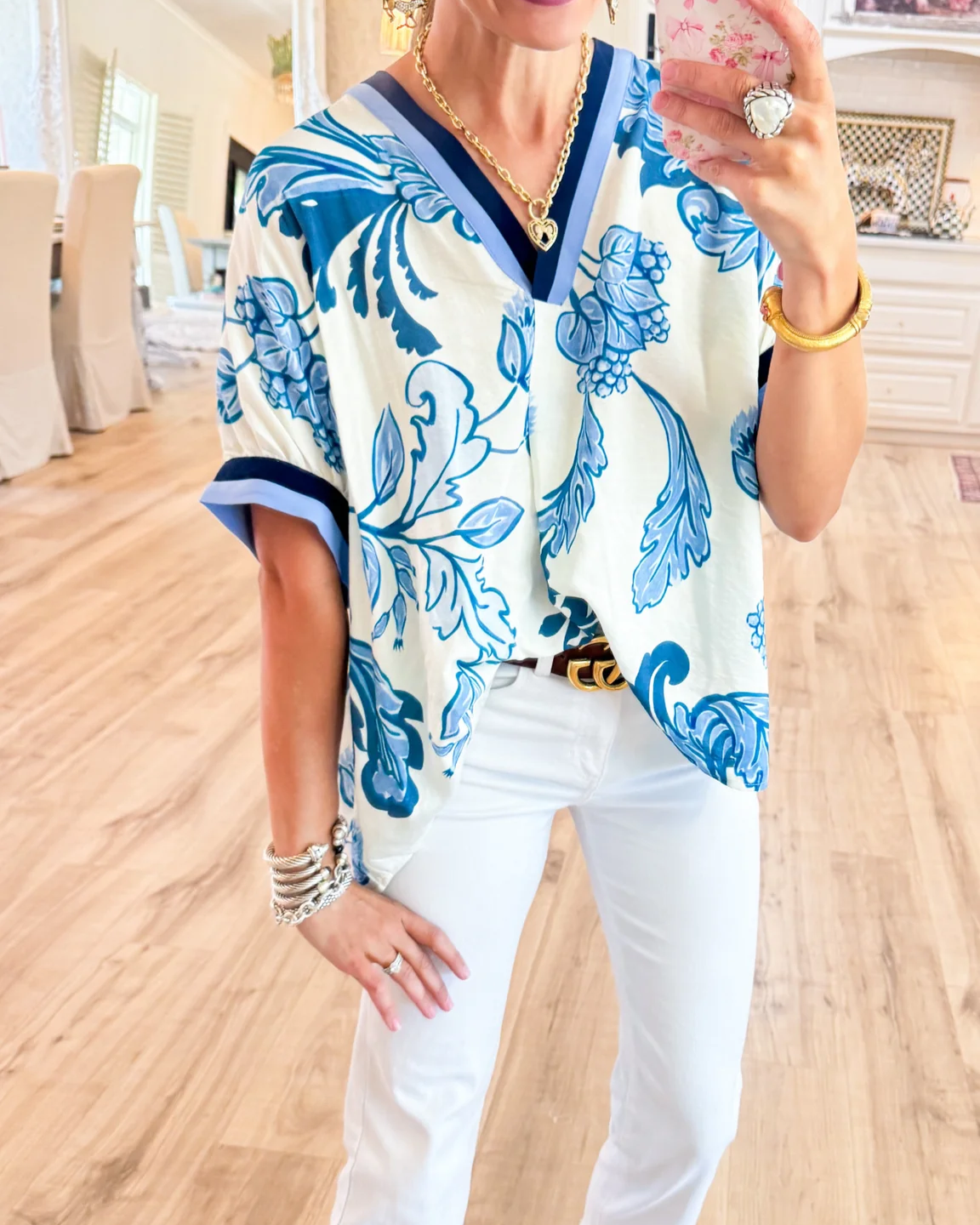 Blue Printed Dolman Sleeve Top