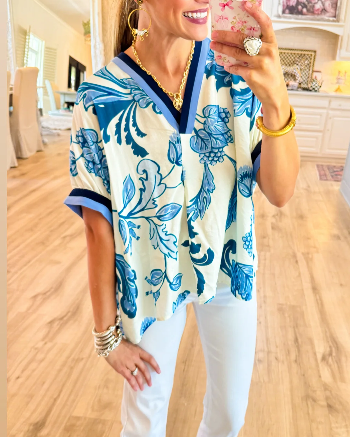Blue Printed Dolman Sleeve Top
