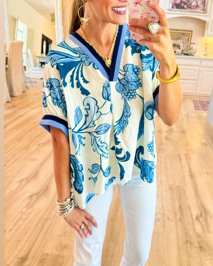 Blue Printed Dolman Sleeve Top