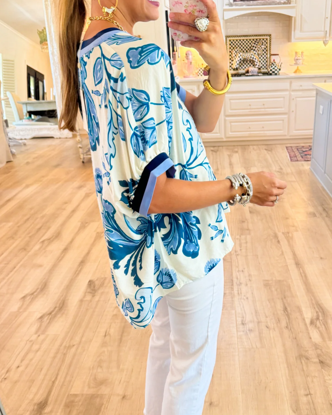 Blue Printed Dolman Sleeve Top