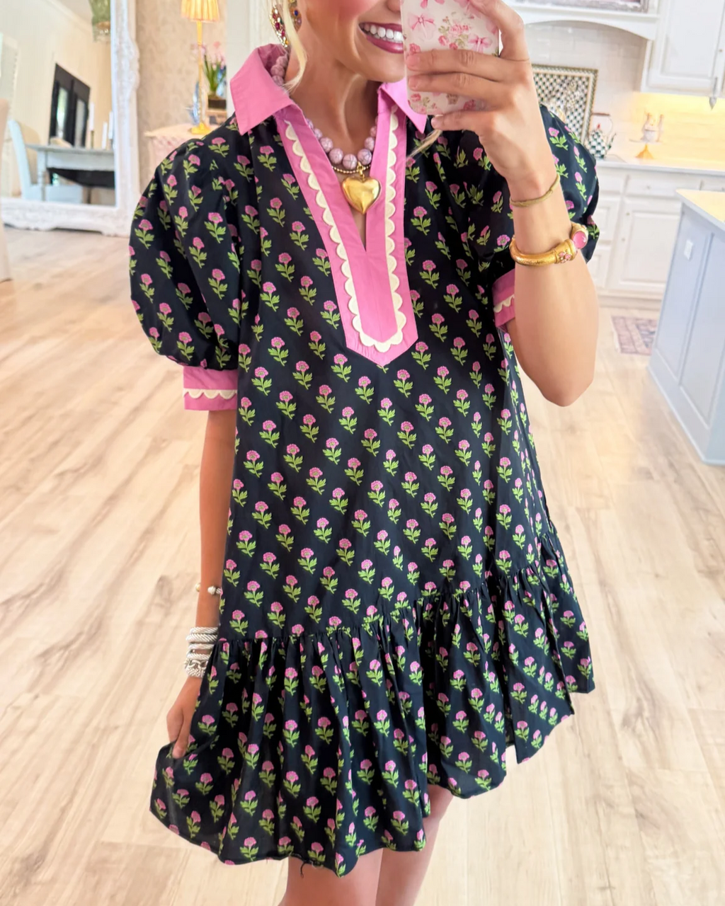 Black and Pink Flower Printed Scallop Trim Mini Dress