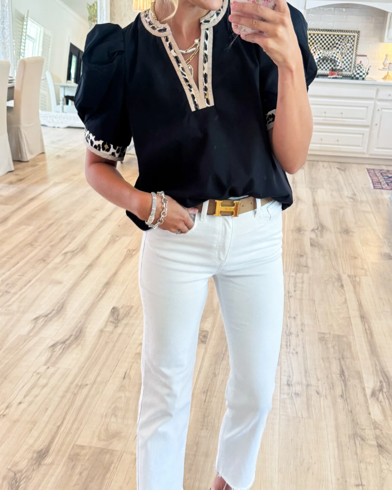 Leopard Contrast Puff Sleeve Top