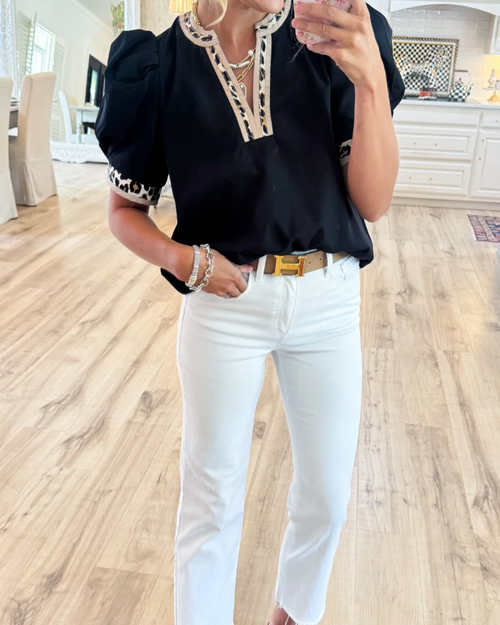 Leopard Contrast Puff Sleeve Top