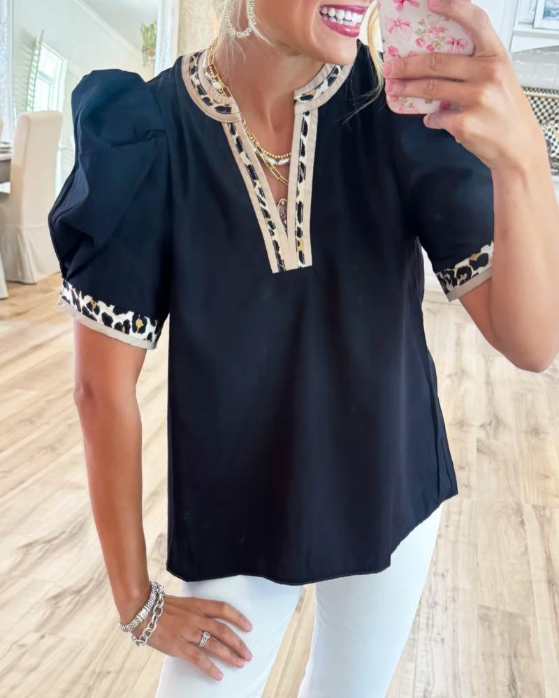 Leopard Contrast Puff Sleeve Top