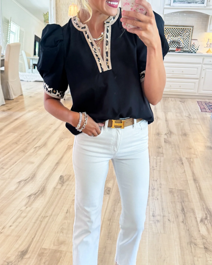 Leopard Contrast Puff Sleeve Top
