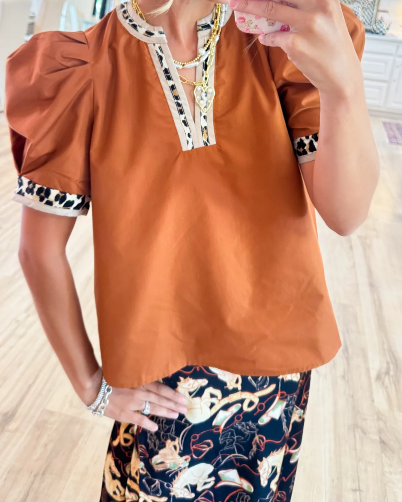 Leopard Contrast Puff Sleeve Top