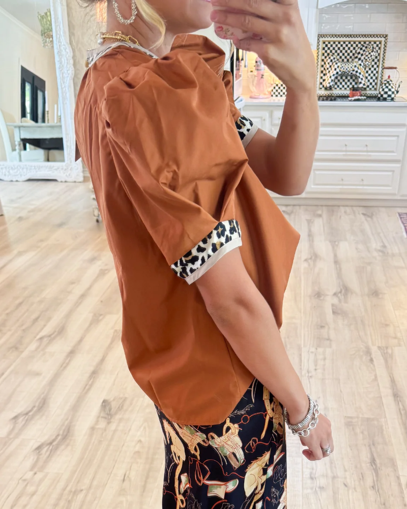 Leopard Contrast Puff Sleeve Top