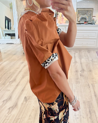 Leopard Contrast Puff Sleeve Top