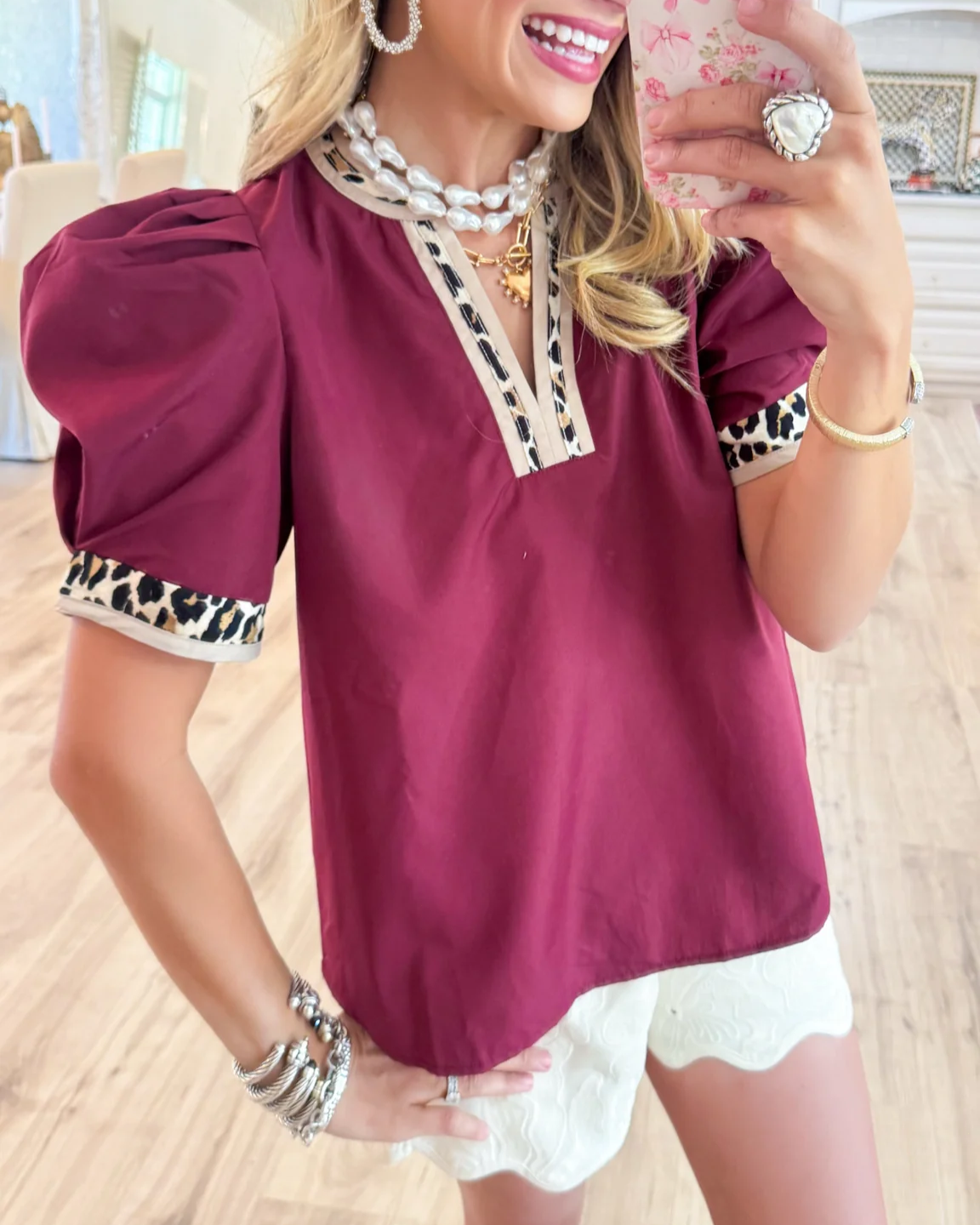 Leopard Contrast Puff Sleeve Top