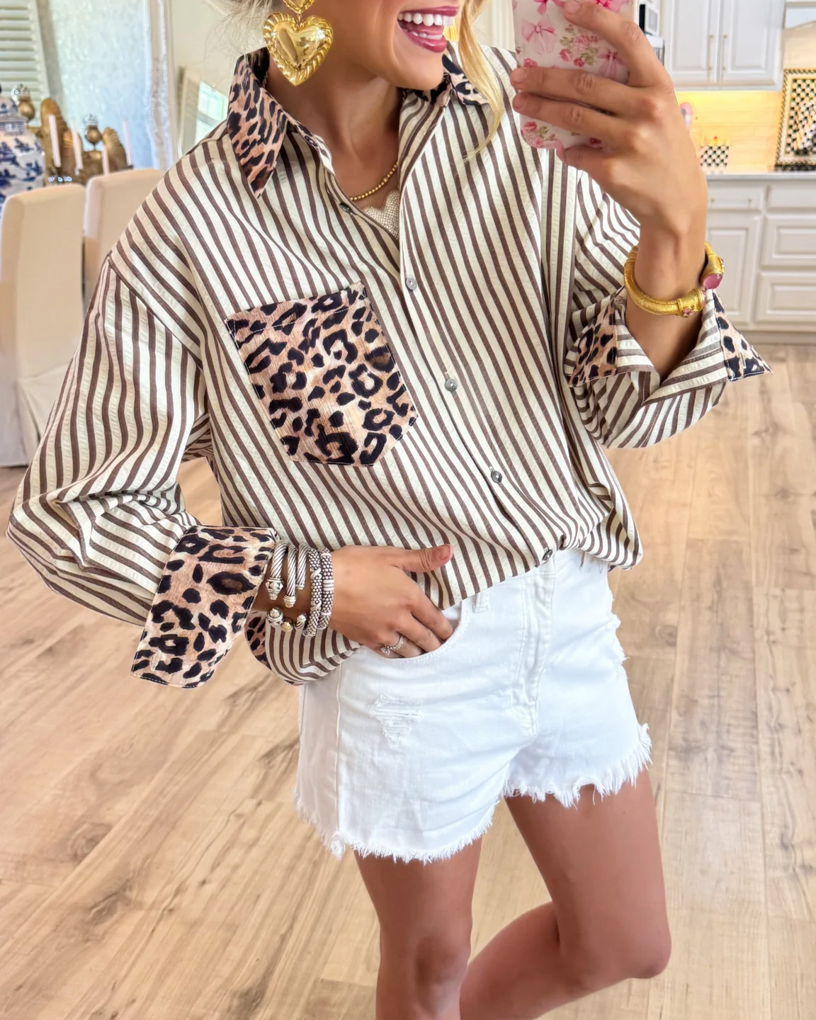 Brown Leopard Print Stripe Long Sleeve Top