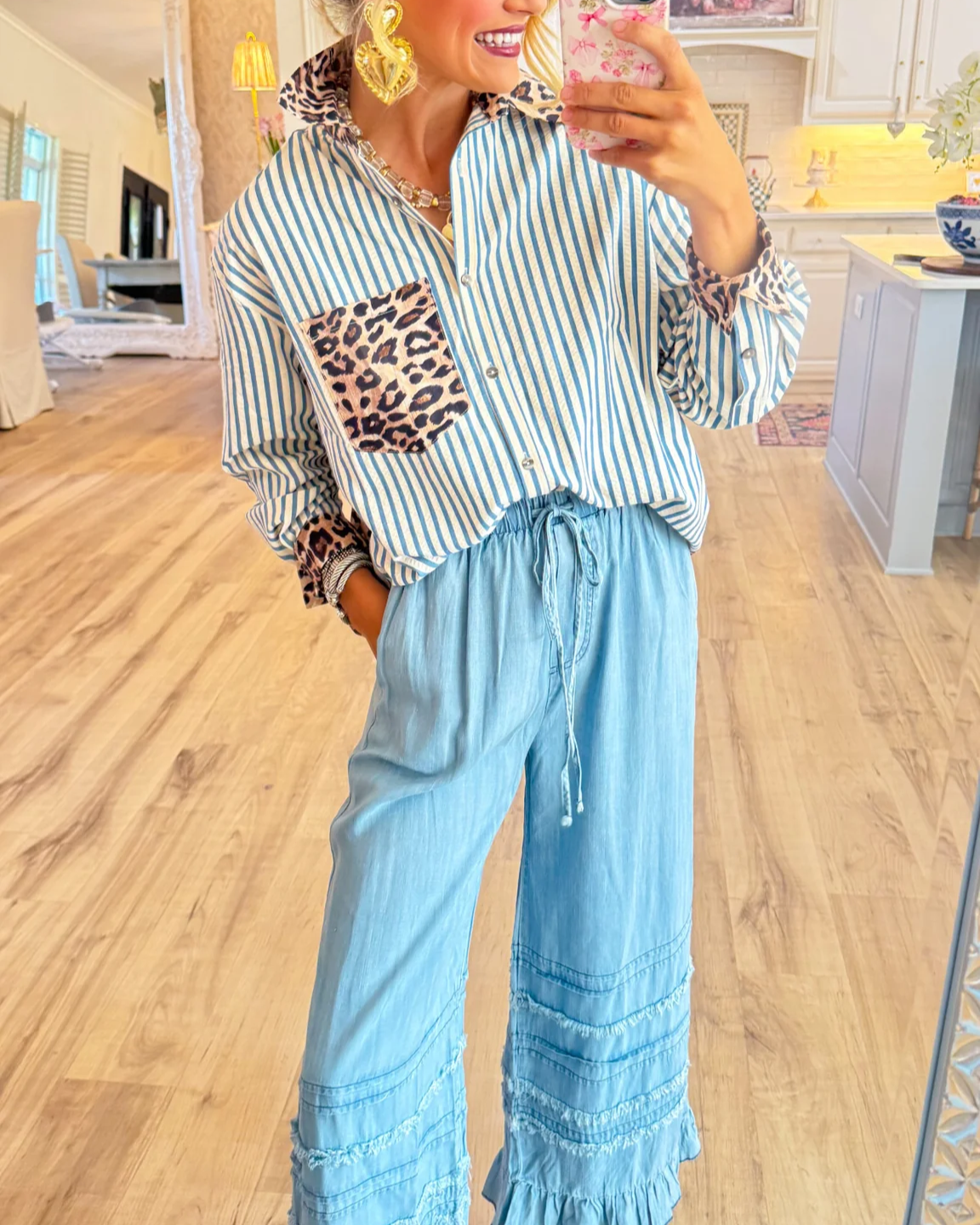 Brown Leopard Print Stripe Long Sleeve Top