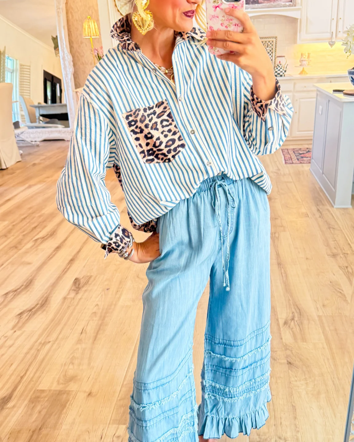 Brown Leopard Print Stripe Long Sleeve Top