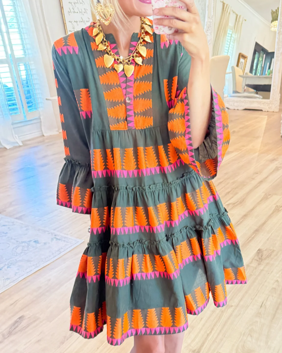 Dark Olive Jacquard Tiered Dress