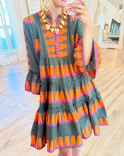 Dark Olive Jacquard Tiered Dress