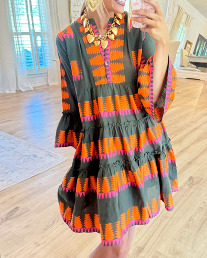 Dark Olive Jacquard Tiered Dress