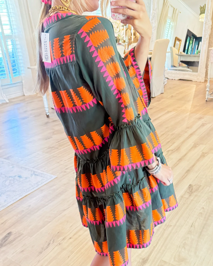Dark Olive Jacquard Tiered Dress
