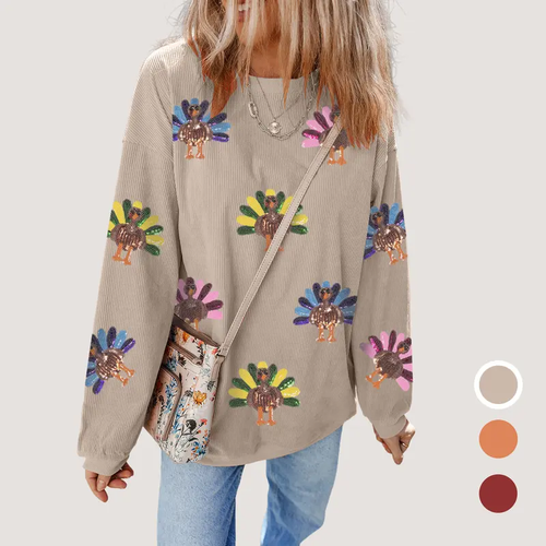 Women's Sequined Turkey Drop Shoulder Sweatshirt