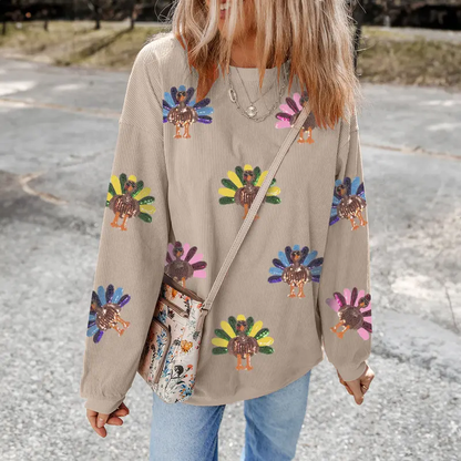 Women's Sequined Turkey Drop Shoulder Sweatshirt