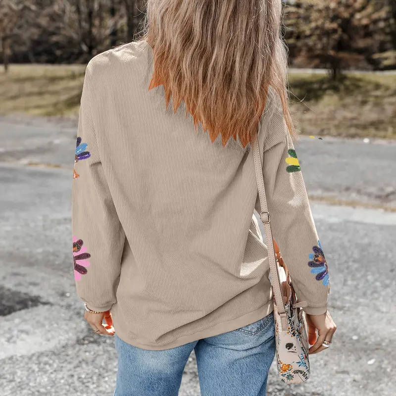Women's Sequined Turkey Drop Shoulder Sweatshirt