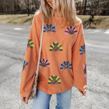 Women's Sequined Turkey Drop Shoulder Sweatshirt