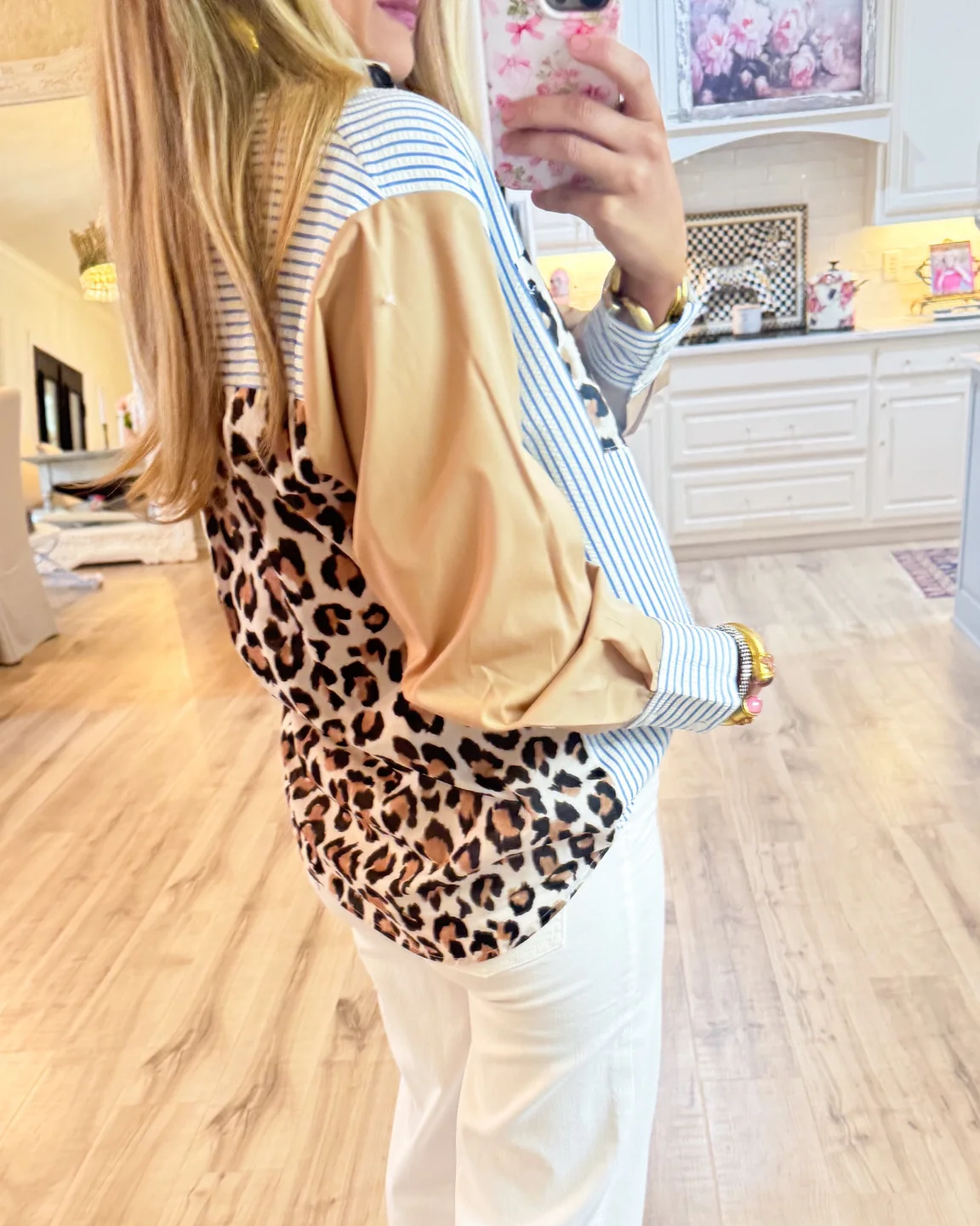 Blue Stripe Leopard Mix Print Top