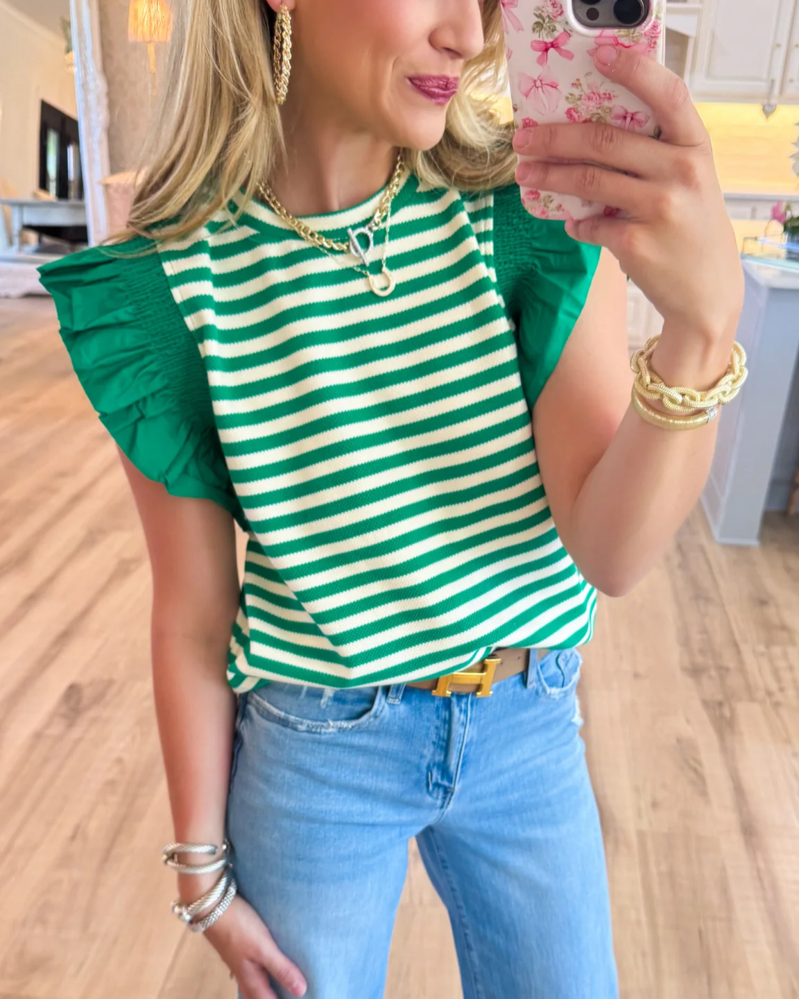 Striped ruffle sleeve top