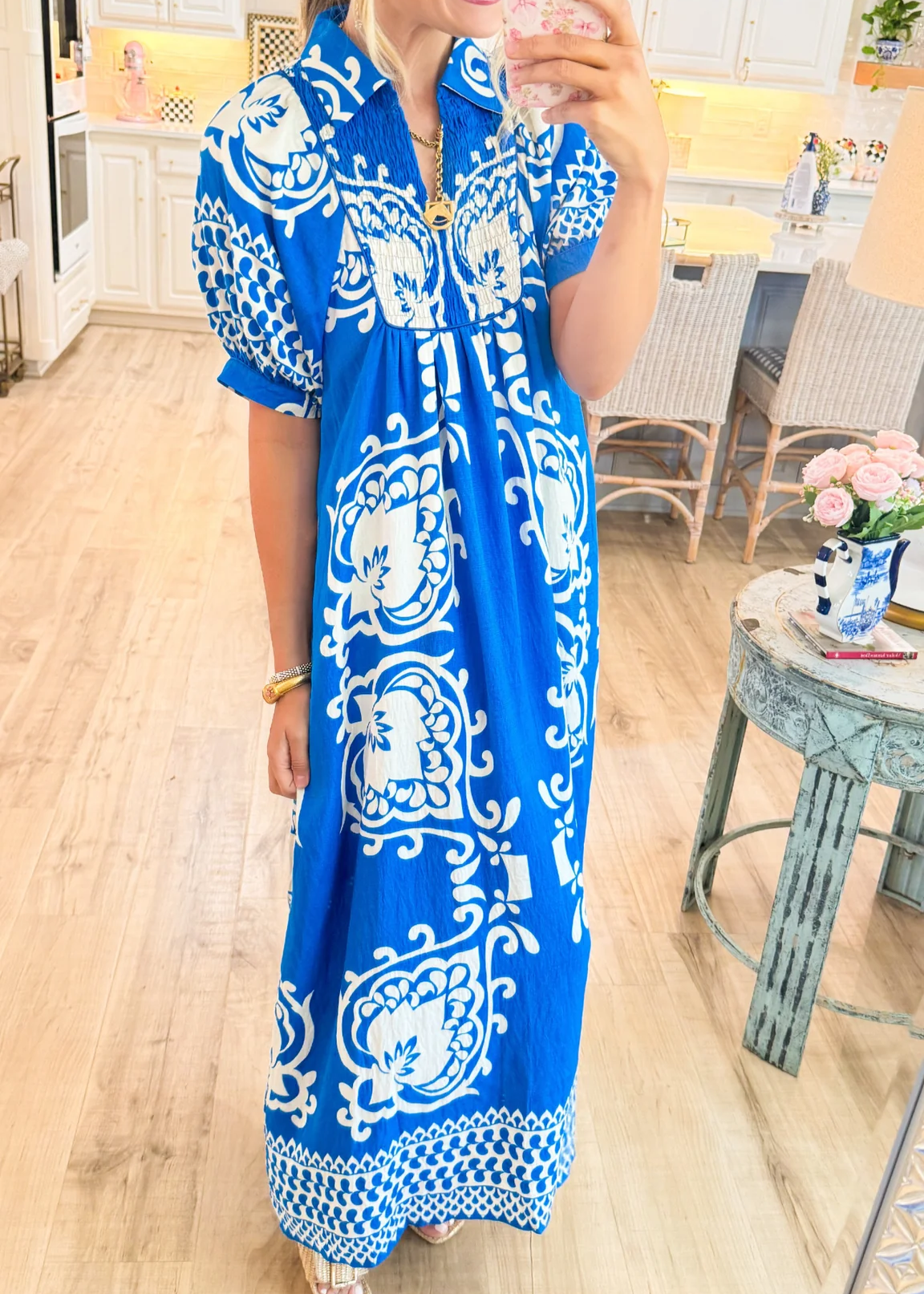 Blue Mixed Print Puff Sleeve Midi Dress