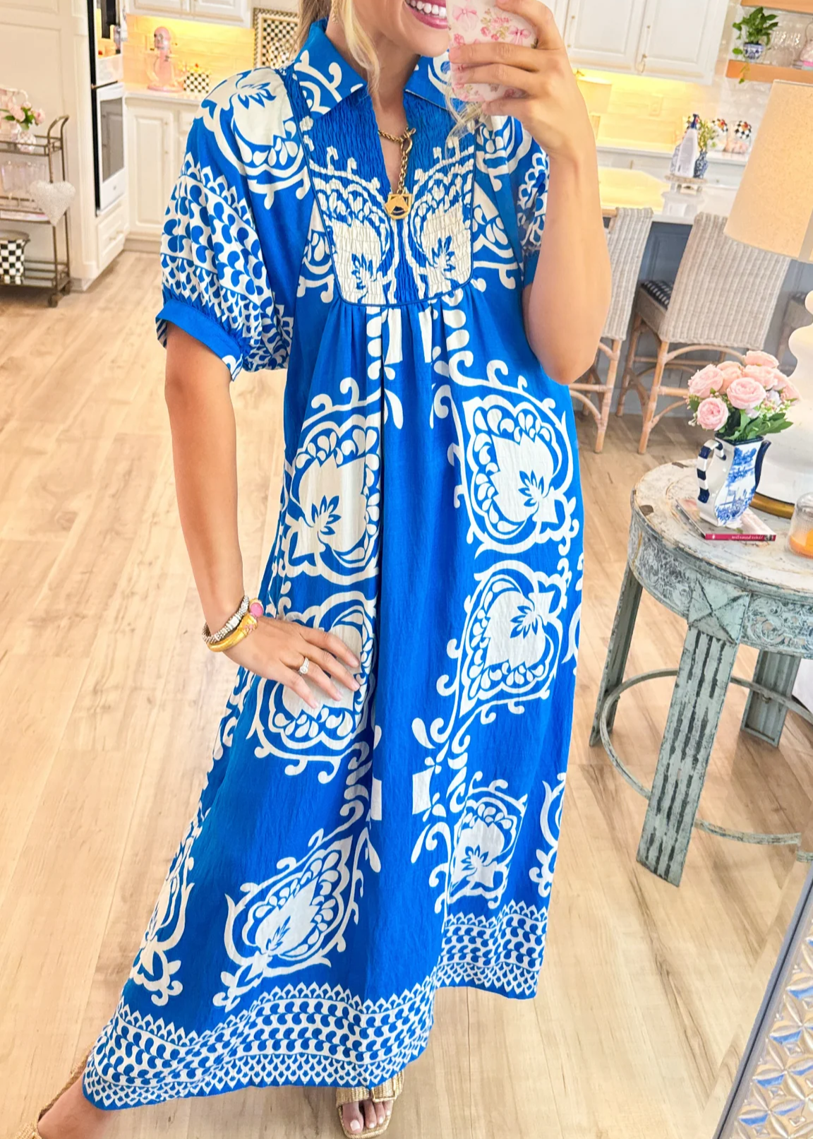 Blue Mixed Print Puff Sleeve Midi Dress
