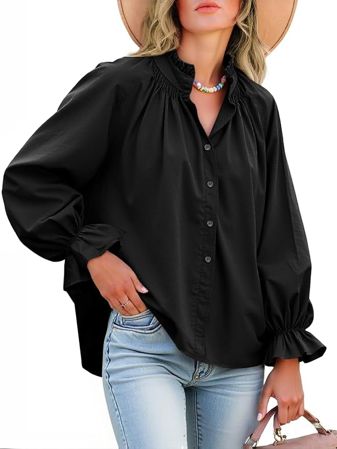 Women's Long-Sleeve Button-Down V-Neck Shirt