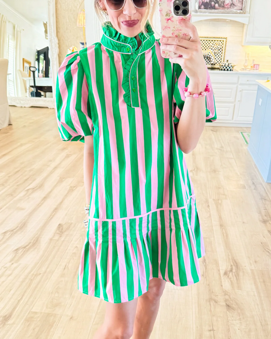 Pink and Green Puff Sleeve Mini Dress
