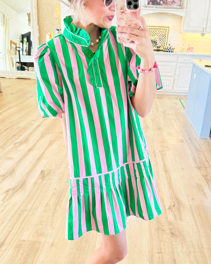 Pink and Green Puff Sleeve Mini Dress