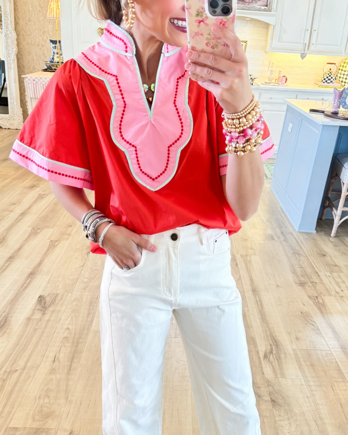 Coral and Pink Wide Sleeve V Neck Top