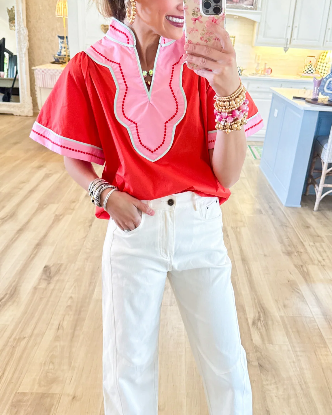 Coral and Pink Wide Sleeve V Neck Top